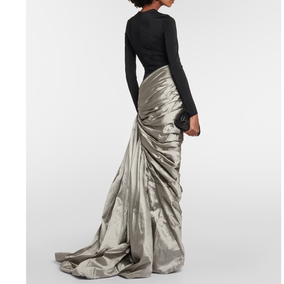 RASARIO: Designer Black and Silver draped silk-blend maxi gown - Picture 3 of 8